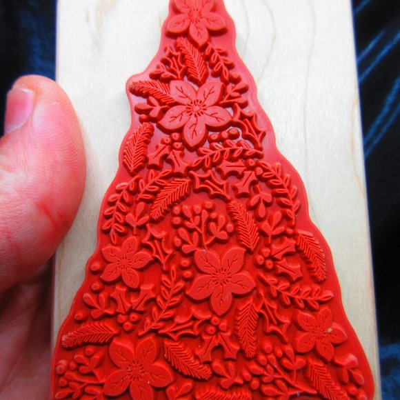 Floral Christmas Tree Wood Mounted Stamp 4" X 2.75" - Picture 2 of 3